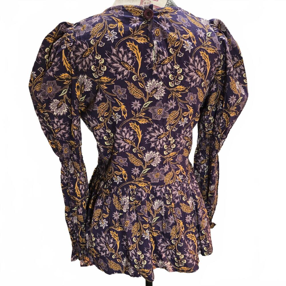 Universal Thread Long Puff Smocked Sleeve Purple Floral Peplum Shirt Size M - Picture 2 of 7